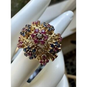 VTG Cocktail‎ Ring Size 6.25 Floral Diamond Sapphire Ruby 18k Yellow Gold 10.9g